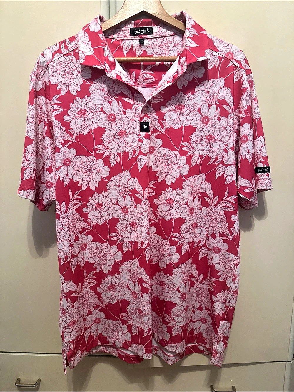 Bad Birdie Don't Pick The Flowers Floral Polo Pink & White XL